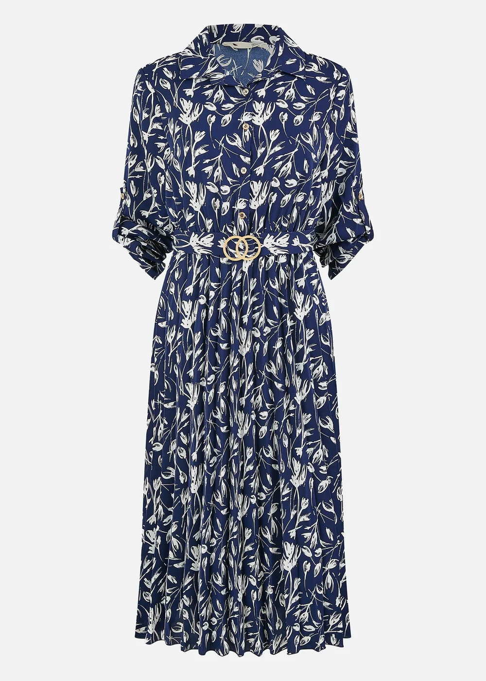 Yumi Navy Floral Print Pleated Skater Dress With Buckle - 8 Image 3