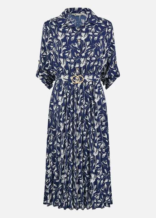 Yumi Navy Floral Print Pleated Skater Dress With Buckle - 8 Image 3