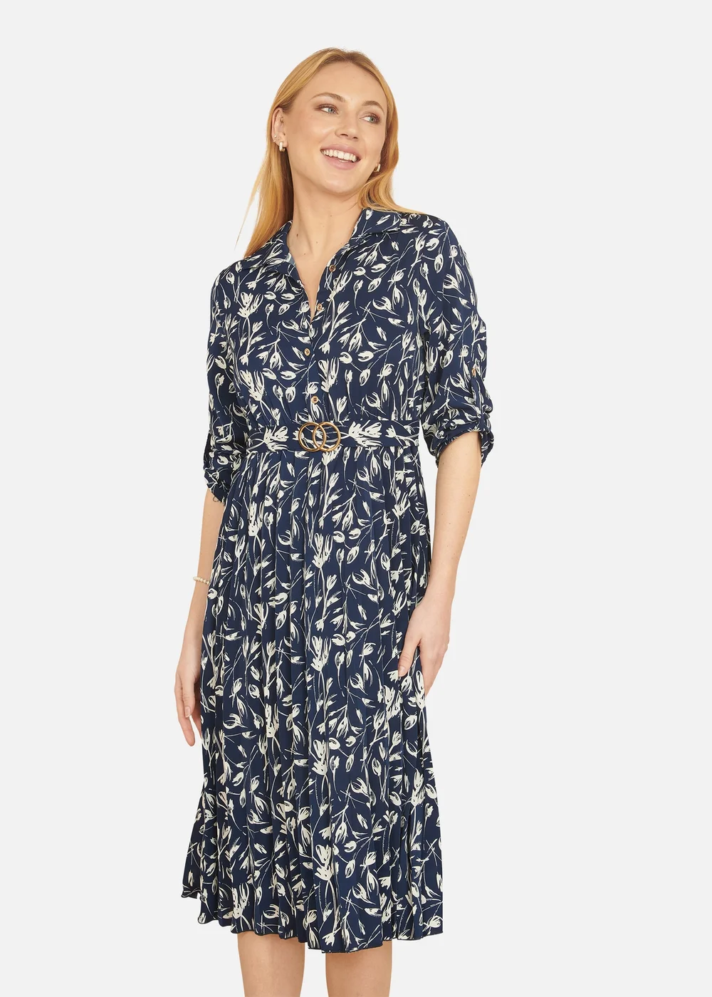 Yumi Navy Floral Print Pleated Skater Dress With Buckle - 8 Image 1