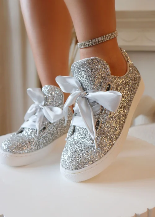 Love Lemonade Silver Sparkly Glitter Ribbon Lace Trainers - 3 Image 2
