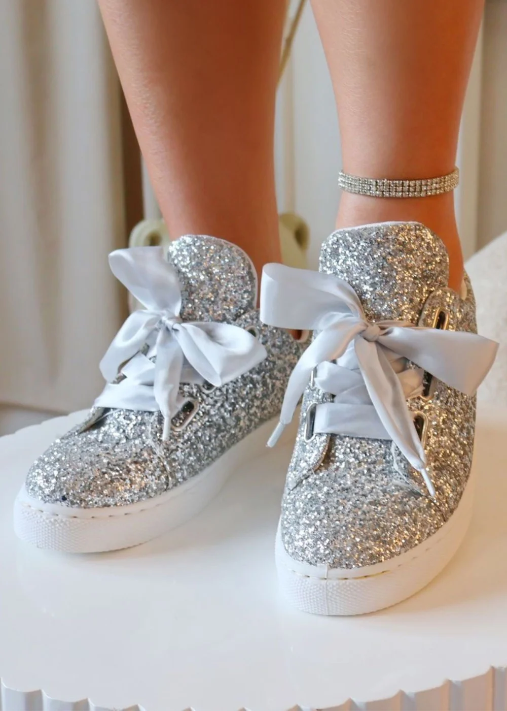 Love Lemonade Silver Sparkly Glitter Ribbon Lace Trainers - 3 Image 3