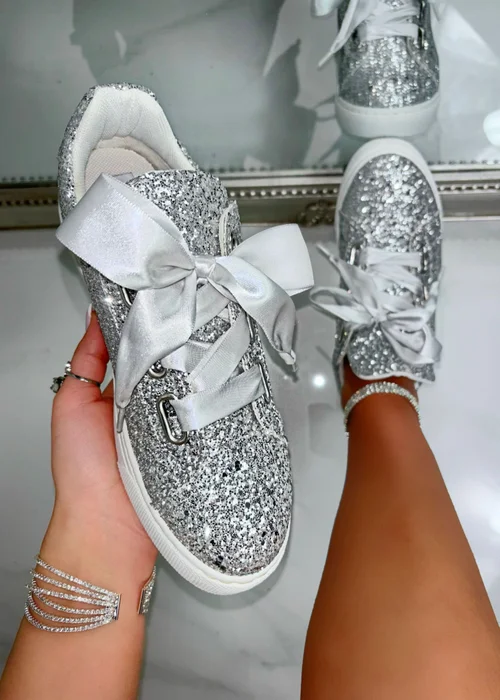 Love Lemonade Silver Sparkly Glitter Ribbon Lace Trainers - 3 Image 1