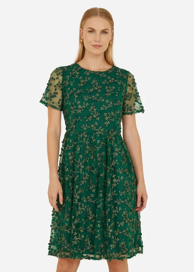 Yumi Green Lace Skater Dress With Puff Sleeves - 16 Yumi Green Lace Skater Dress With Puff Sleeves - 16