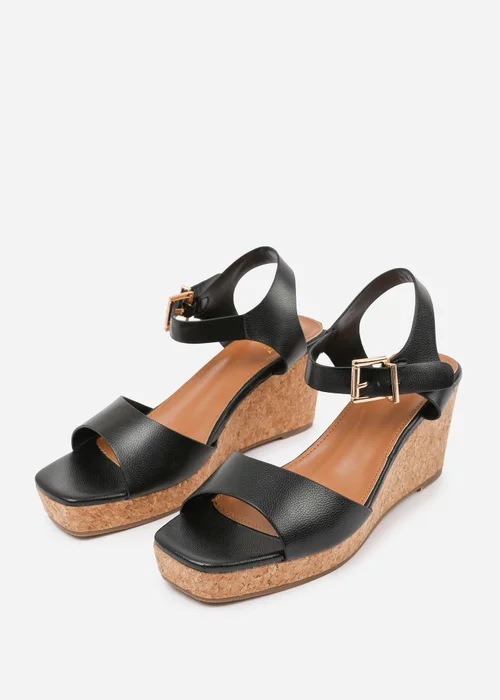 Where's That From Black PU Giselle Wide-Fit Wedge Sandals With Buckle-Ankle-Strap - 6 Image 3