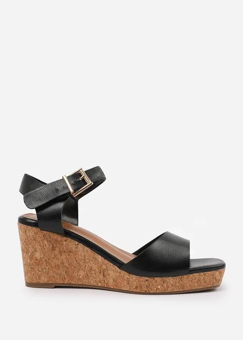 Where's That From Black PU Giselle Wide-Fit Wedge Sandals With Buckle-Ankle-Strap - 6 Image 2