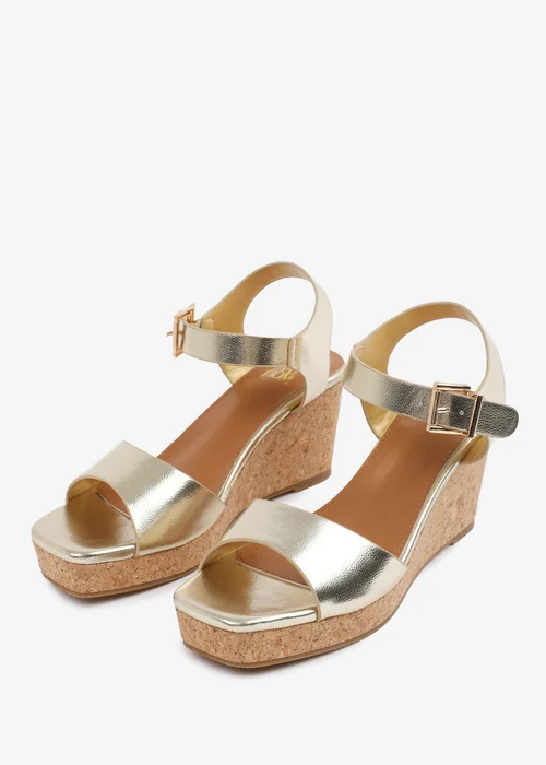 Where's That From Gold PU Giselle Wide-Fit Wedge Sandals With Buckle-Ankle-Strap - 4 Image 3