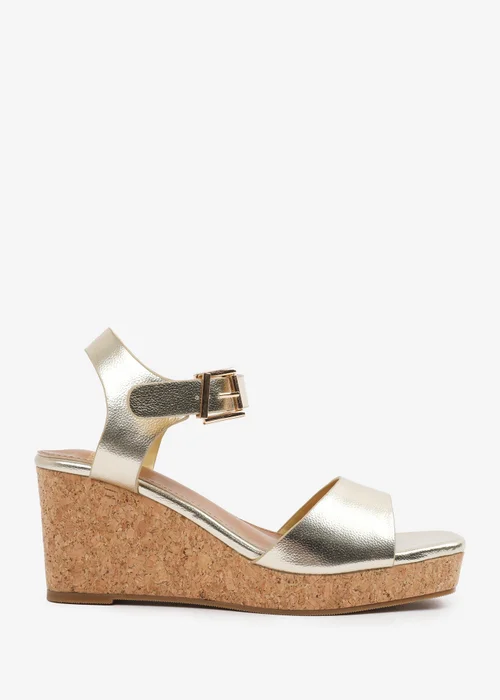 Where's That From Gold PU Giselle Wide-Fit Wedge Sandals With Buckle-Ankle-Strap - 4 Image 2