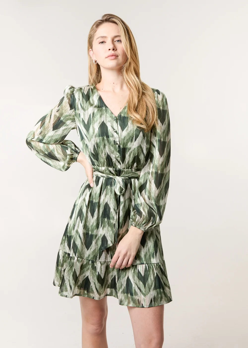 Blue Vanilla Green Metallic Zig Zag V Neck Belted Dress - 16 Image 1