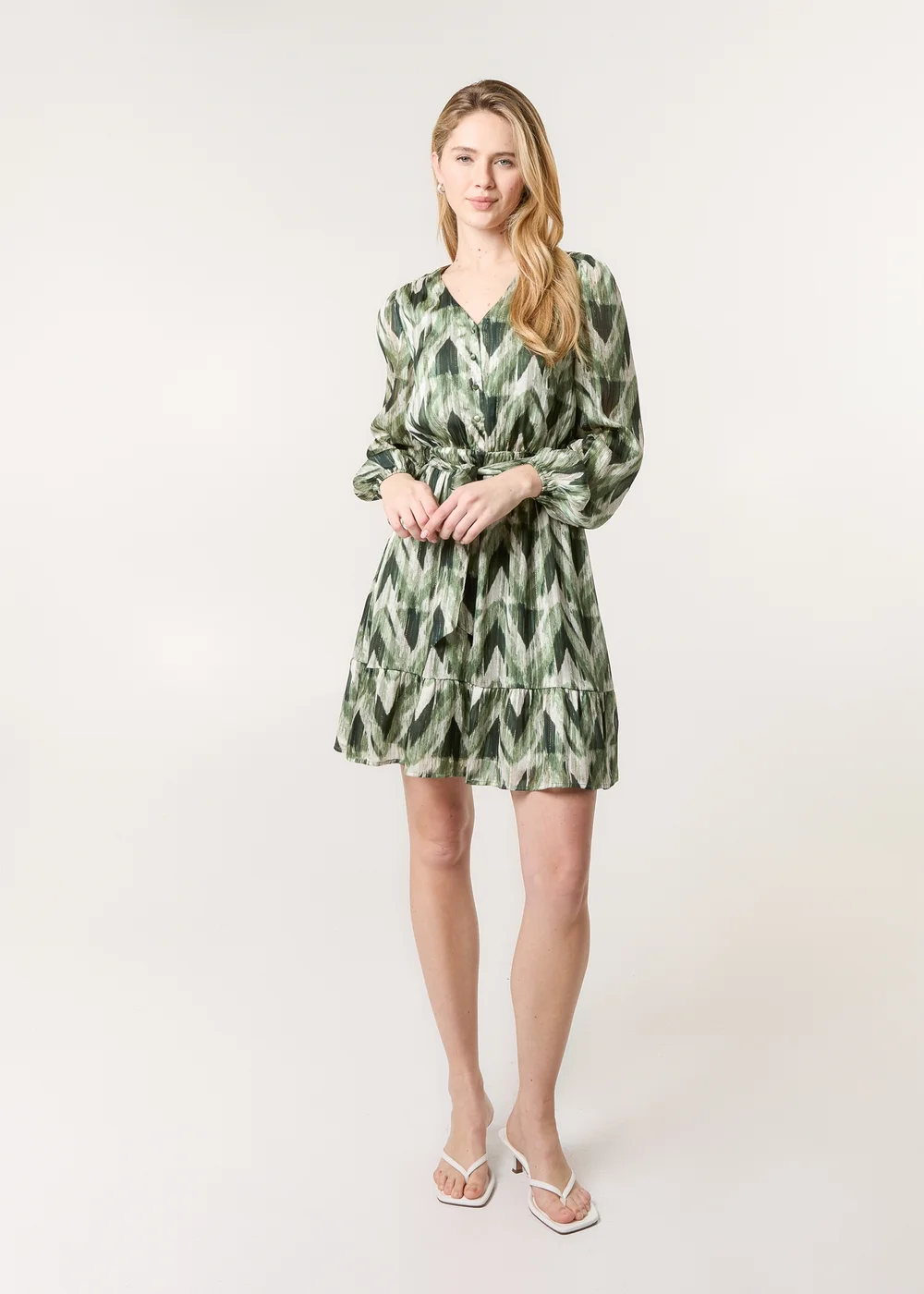 Blue Vanilla Green Metallic Zig Zag V Neck Belted Dress - 16 Image 4