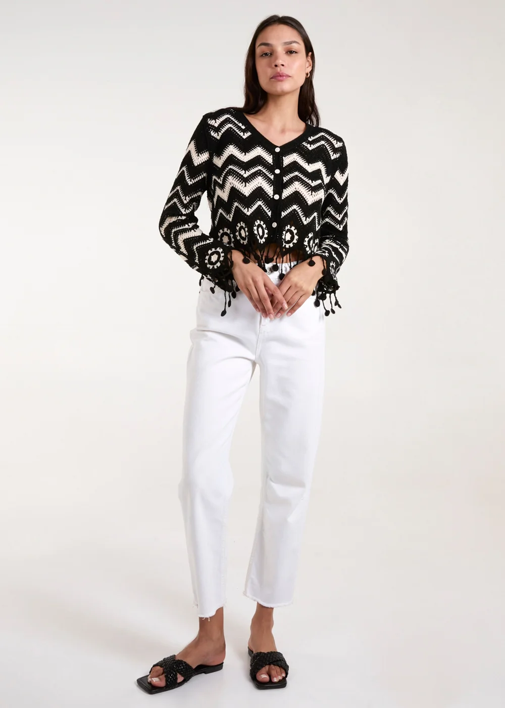 Blue Vanilla Black Crochet Zig Zag Tassel Detailed Button Front Cardigan - S Image 3