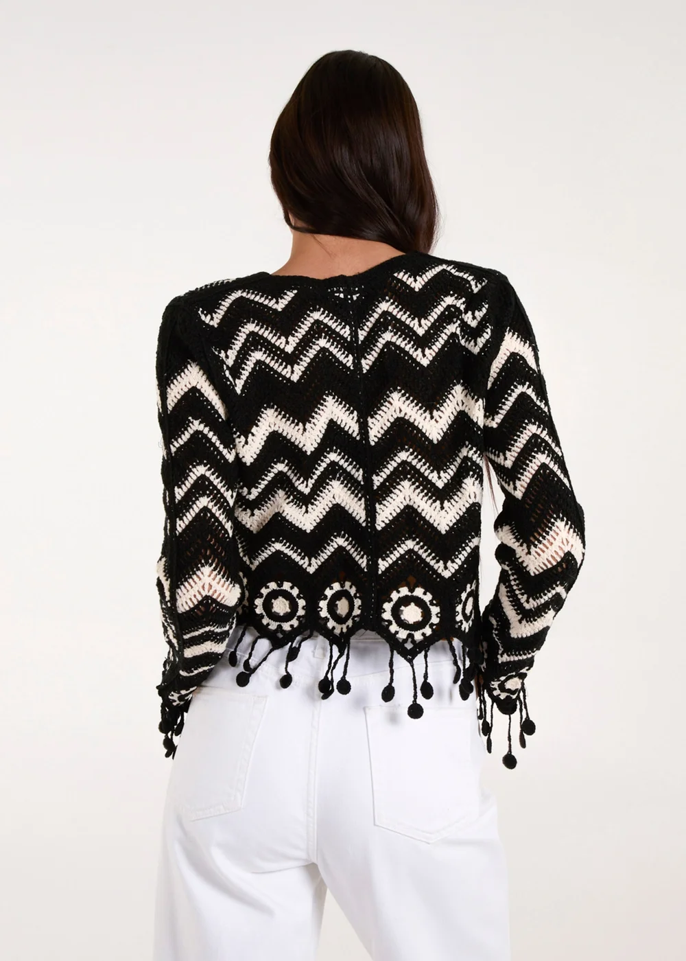 Blue Vanilla Black Crochet Zig Zag Tassel Detailed Button Front Cardigan - S Image 4