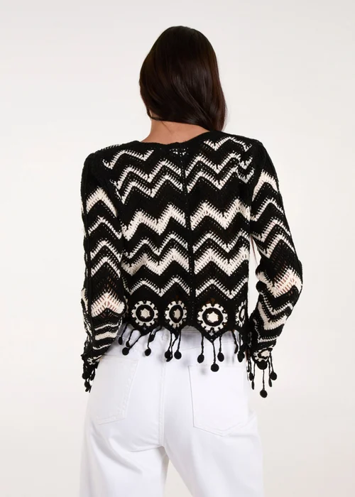 Blue Vanilla Black Crochet Zig Zag Tassel Detailed Button Front Cardigan - S Image 4