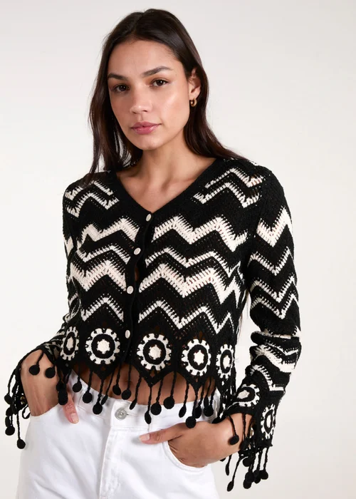Blue Vanilla Black Crochet Zig Zag Tassel Detailed Button Front Cardigan - S Image 1