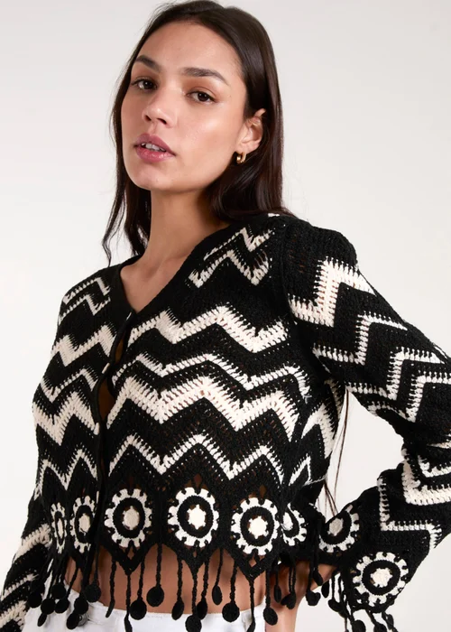 Blue Vanilla Black Crochet Zig Zag Tassel Detailed Button Front Cardigan - S Image 2