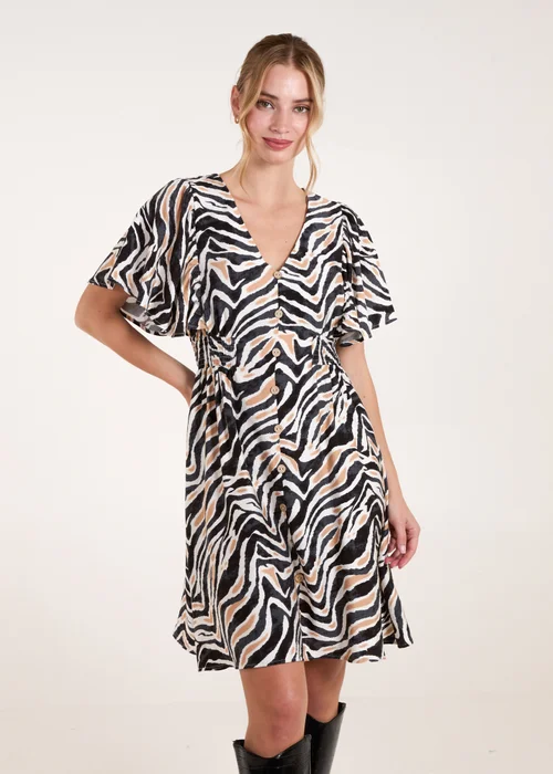 Blue Vanilla Black Button Front Shirred Waist Mini Dress - S Image 1