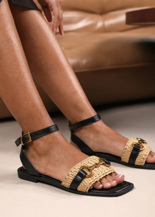 Where's That From Wide-Fit Black-PU Catelyn Straw Detail Strap Sandals - 7 Image 5