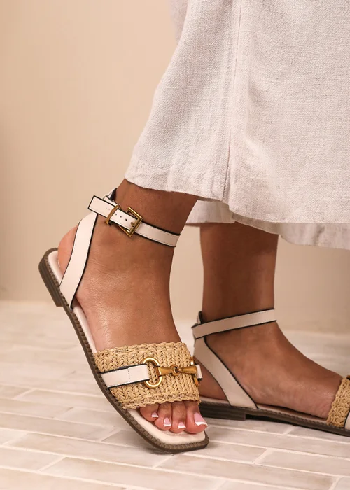 Where's That From Wide-Fit Cream-PU Catelyn Straw Detail Strap Sandals - 3 Image 1