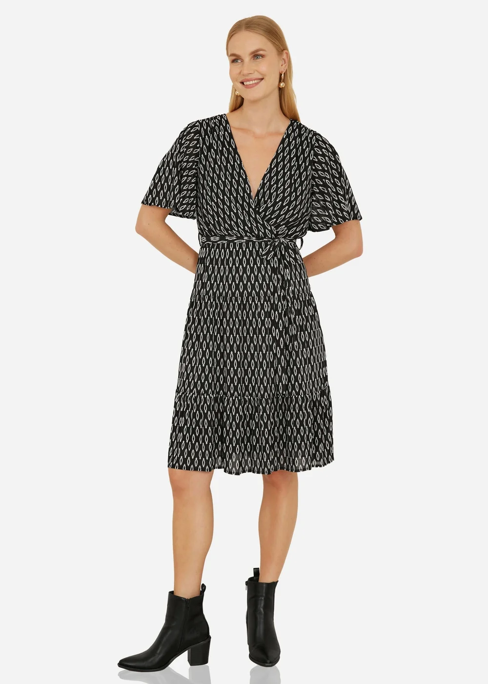 Yumi Black Geo Print Mesh Stretch Midi Skater Dress - 16 Image 2