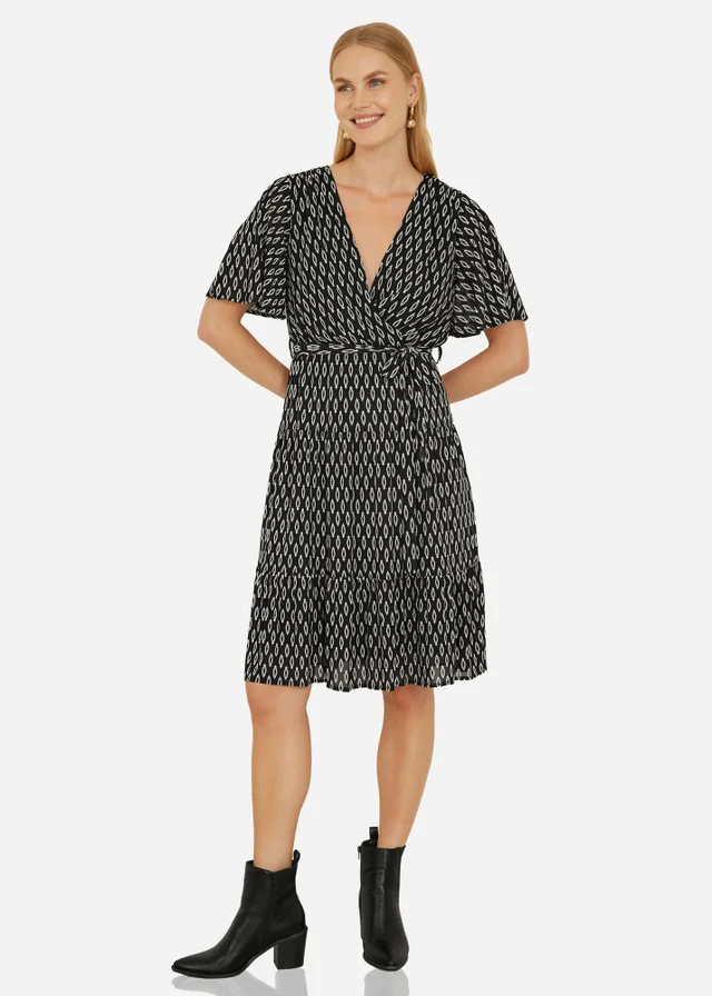 Yumi Black Geo Print Mesh Stretch Midi Skater Dress