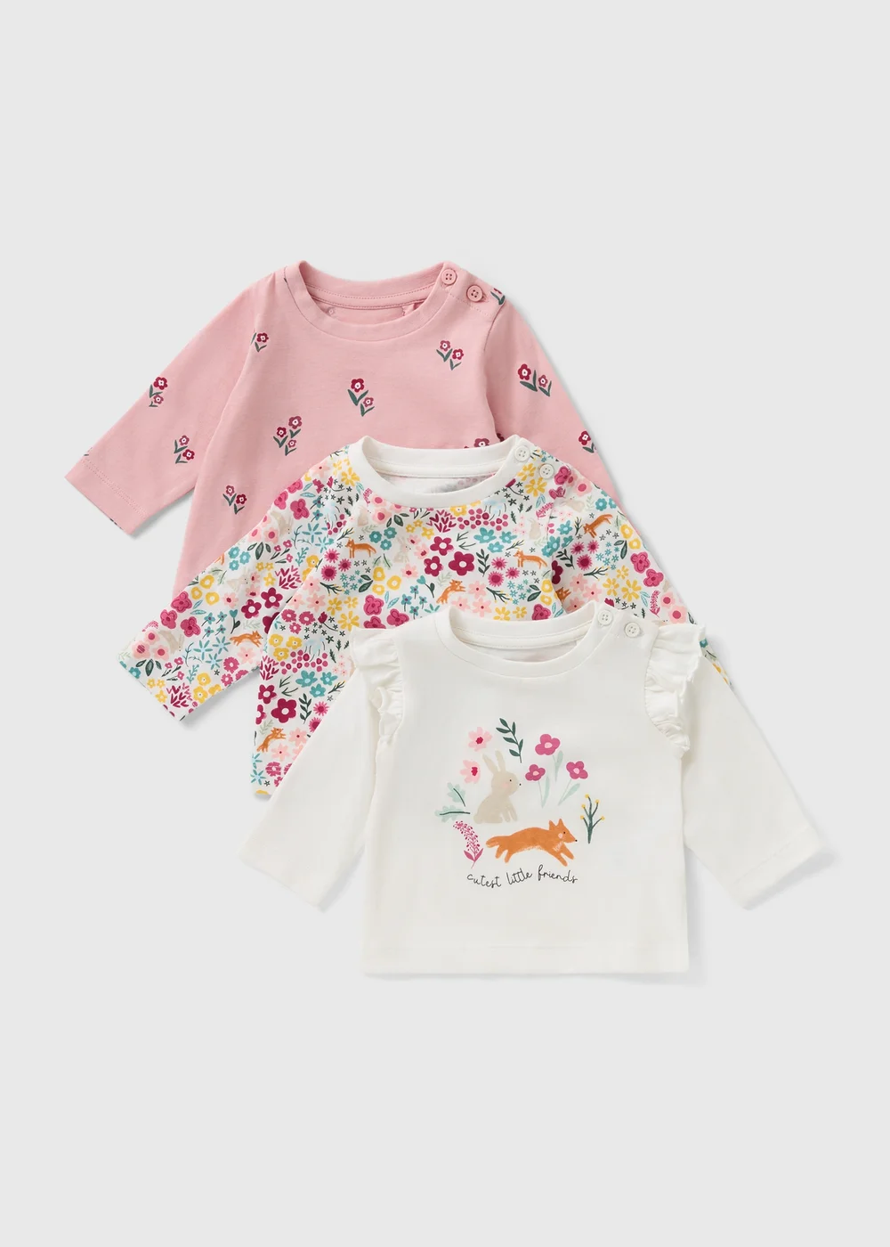 3 Pack Baby Pink Floral Animal Tops (Newborn-23mths) - 0-3 months Image 1