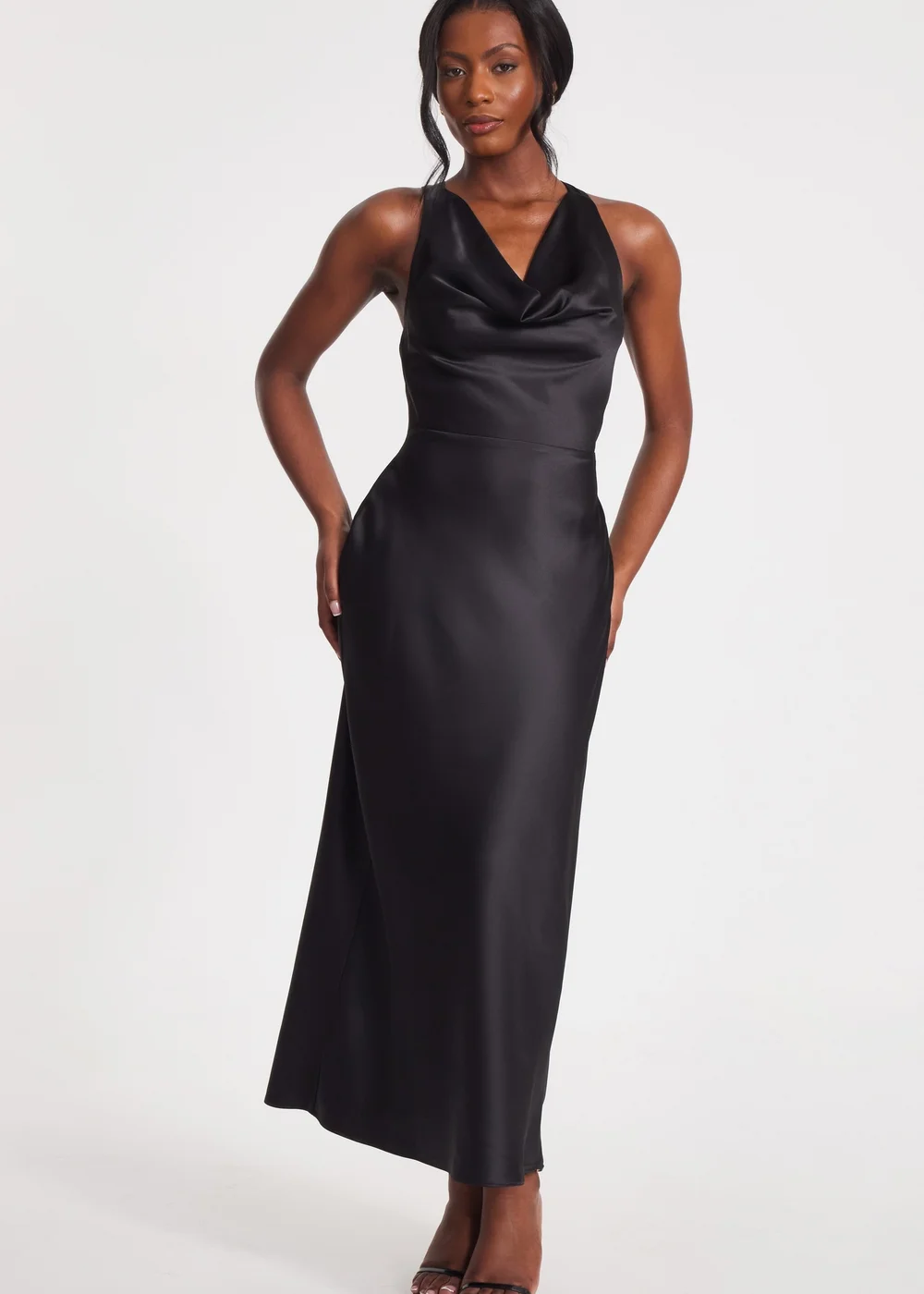 quiz satin cowl neck dress Quiz Satin Cowl Neck Maxi Dress With Floral Trim In Champagne - 30% Off