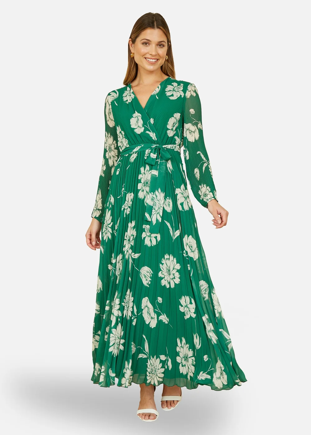 plus emerald green floral print long sleeve pleated midi dress Plus Size Long Sleeve Metallic Floral Mesh Ruched Ankle Dress In Black Emerald, Black/Emerald / Plus Size / 22