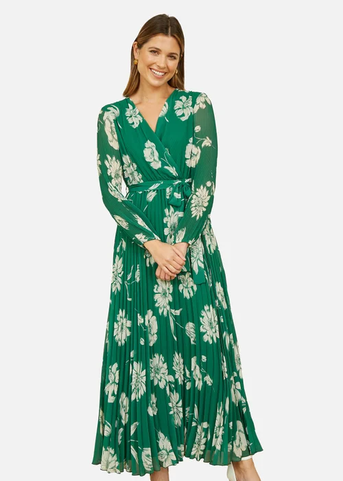 Yumi Green Floral Pleated Midi Wrap Long Sleeve Dress - 8 Image 2