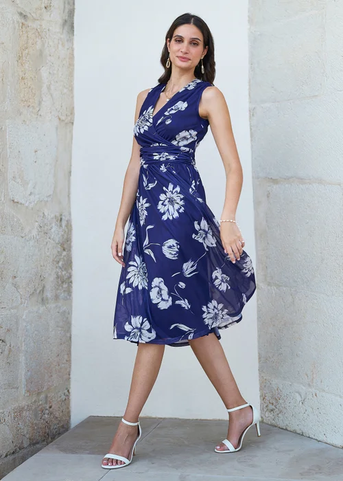 Yumi Navy Floral Print Stretch Mesh Dress With Pockets - 8 Image 1
