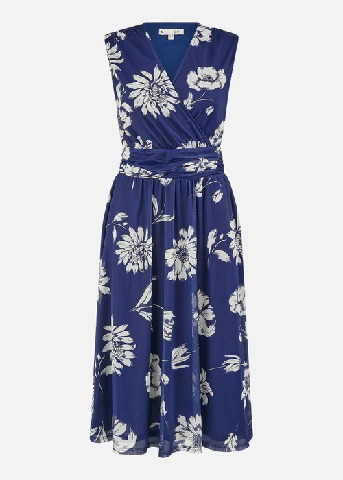 Yumi Navy Floral Print Stretch Mesh Dress With Pockets - 8 Image 3