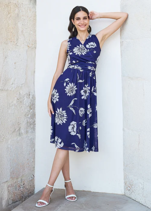 Yumi Navy Floral Print Stretch Mesh Dress With Pockets - 8 Image 2