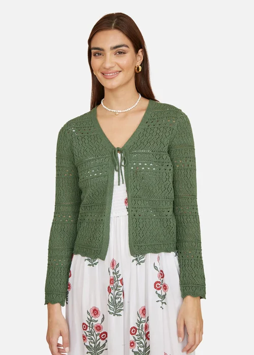 Yumi Green Crochet Tie Front Cardigan - S Image 2
