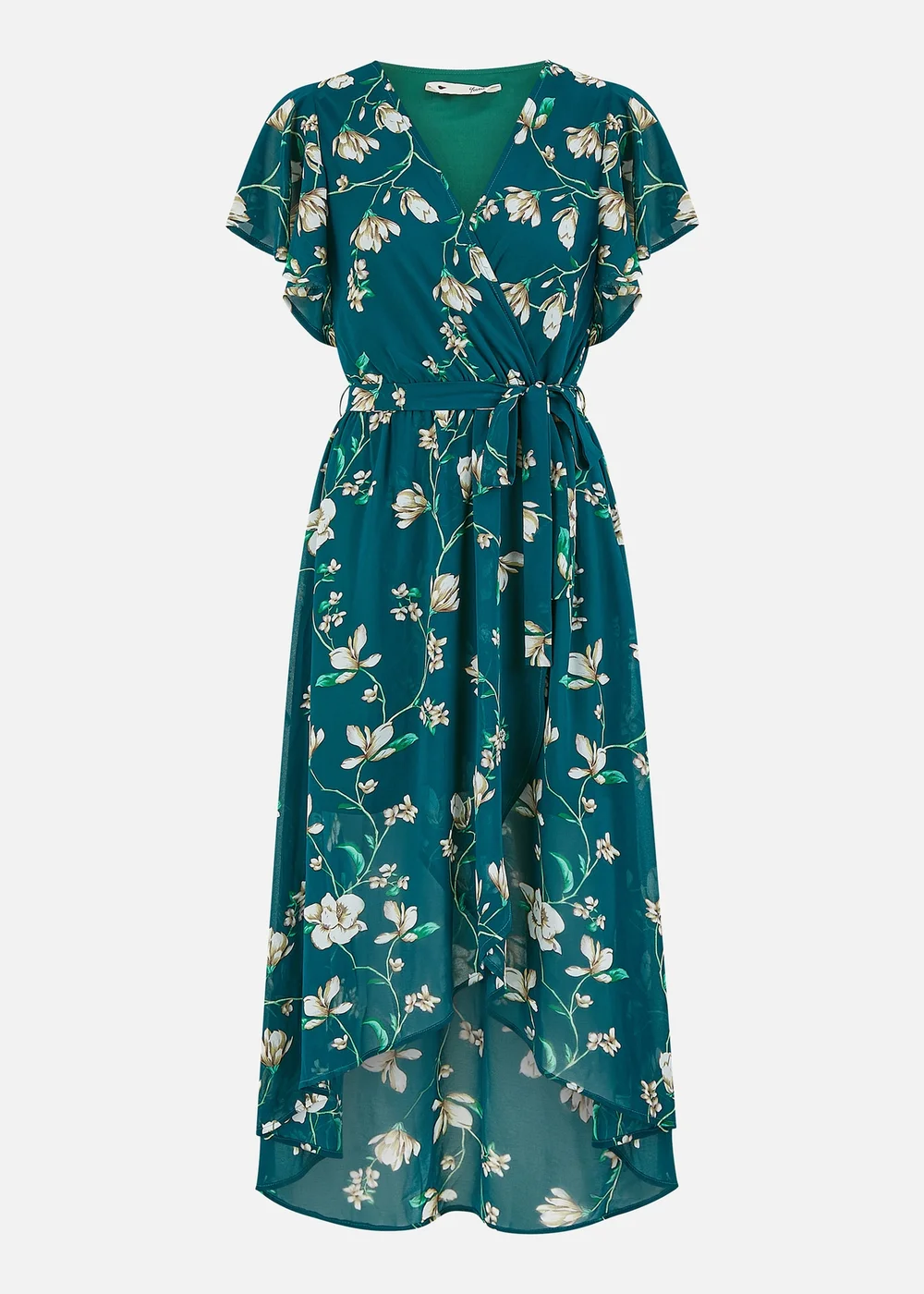 Yumi Green Floral Wrap Midi Dress With Frill Hem Yumi Green Floral Wrap Midi Dress With Frill Hem