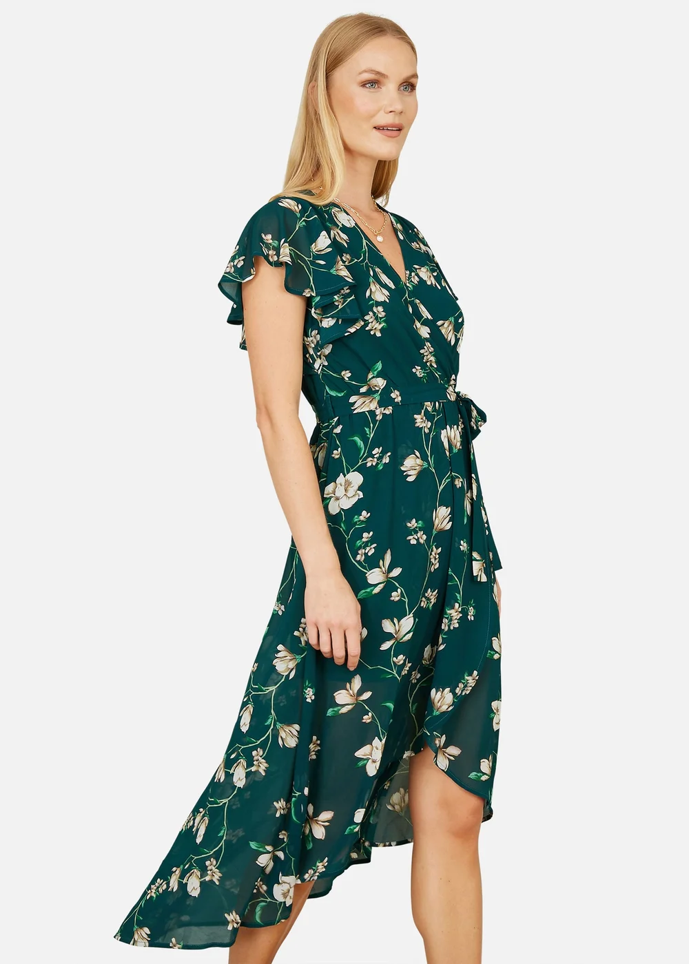 Yumi Green Floral Wrap Midi Dress With Frill Hem - 18 Image 2