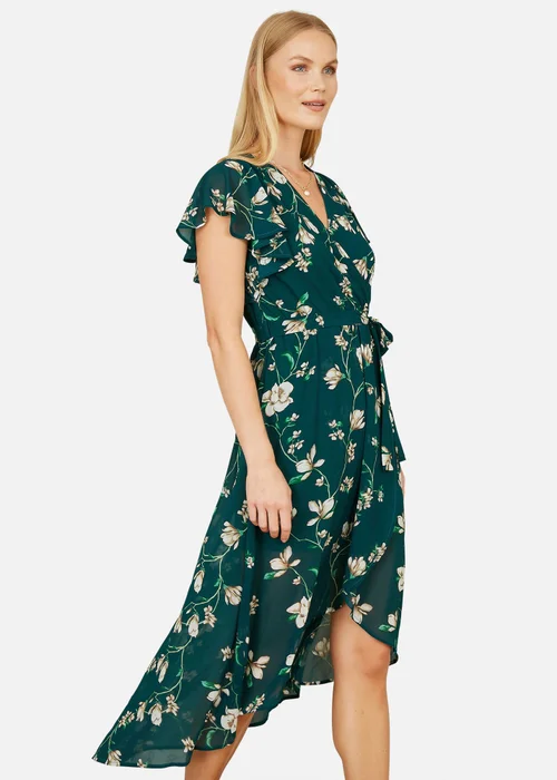 Yumi Green Floral Wrap Midi Dress With Frill Hem - 18 Image 2