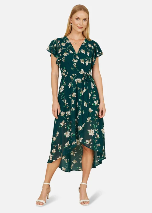 Yumi Green Floral Wrap Midi Dress With Frill Hem - 18 Image 1