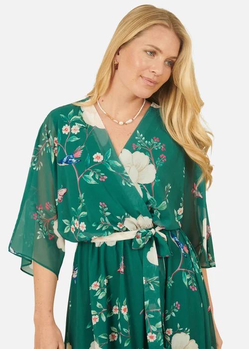 Yumi Green Bird & Floral Print Midi Wrap Dress - 8 Image 2