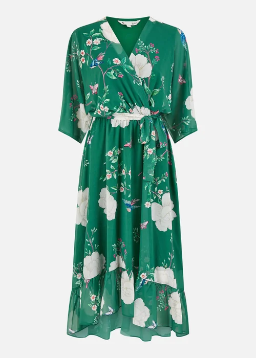 Yumi Green Bird & Floral Print Midi Wrap Dress - 8 Image 3