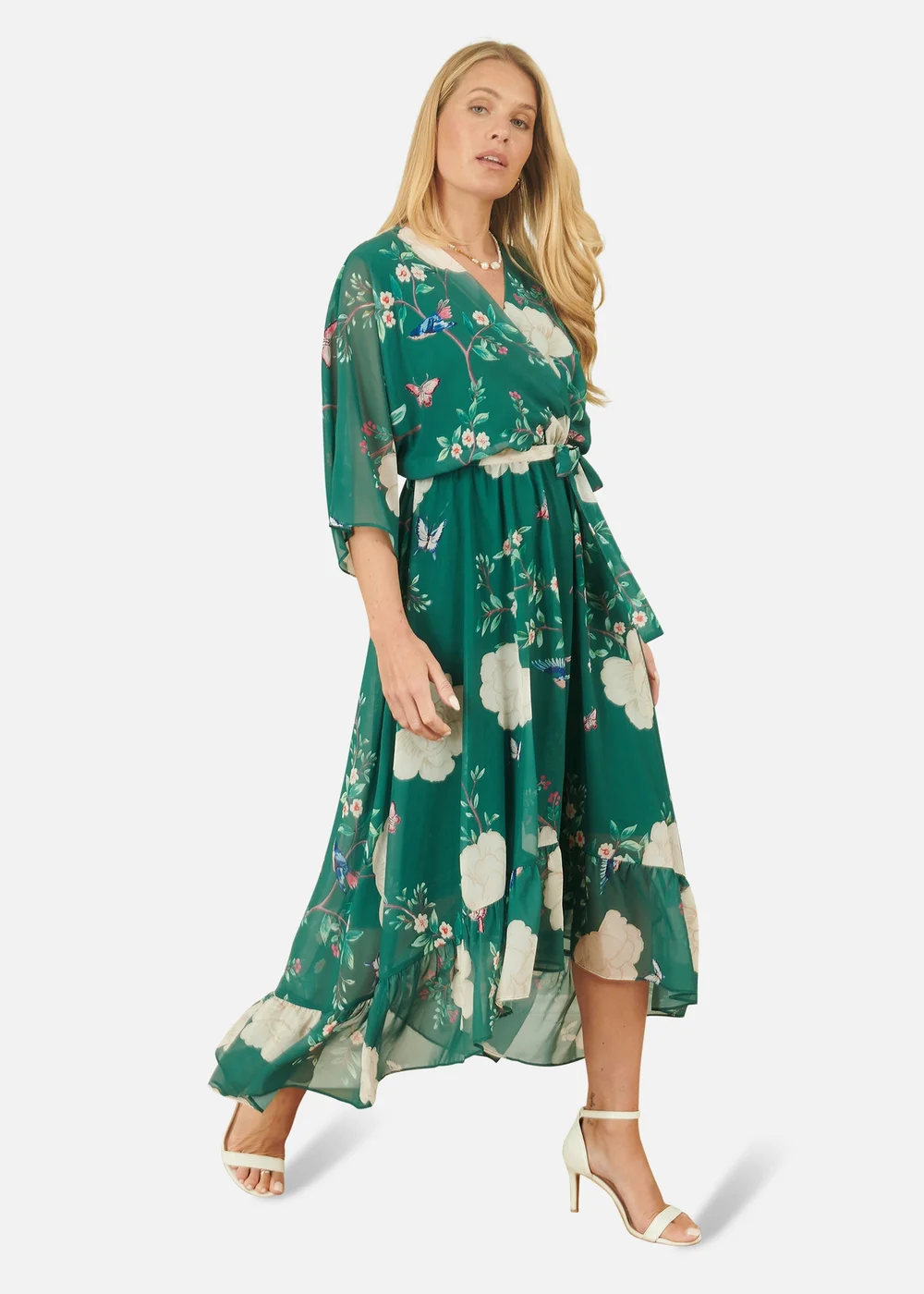 Yumi Green Bird & Floral Print Midi Wrap Dress - 14 | Matalan Yumi Green Bird & Floral Print Midi Wrap Dress - 14 | Matalan