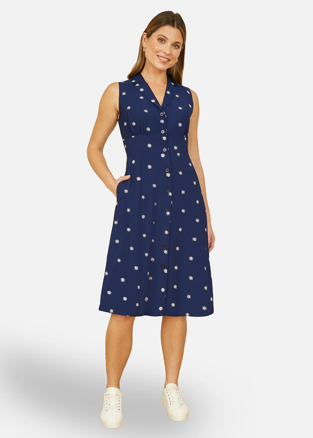 Yumi Navy Daisy Print Sleeveless Shirt Dress - 16 Image 2