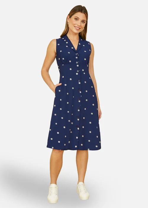 Yumi Navy Daisy Print Sleeveless Shirt Dress - 16 Image 2