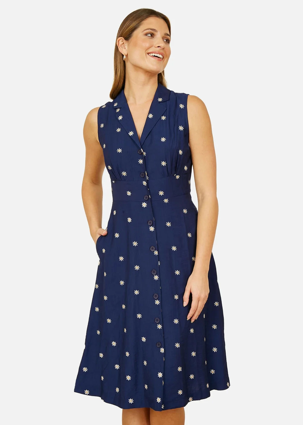 Yumi Navy Daisy Print Sleeveless Shirt Dress - 16 Image 1