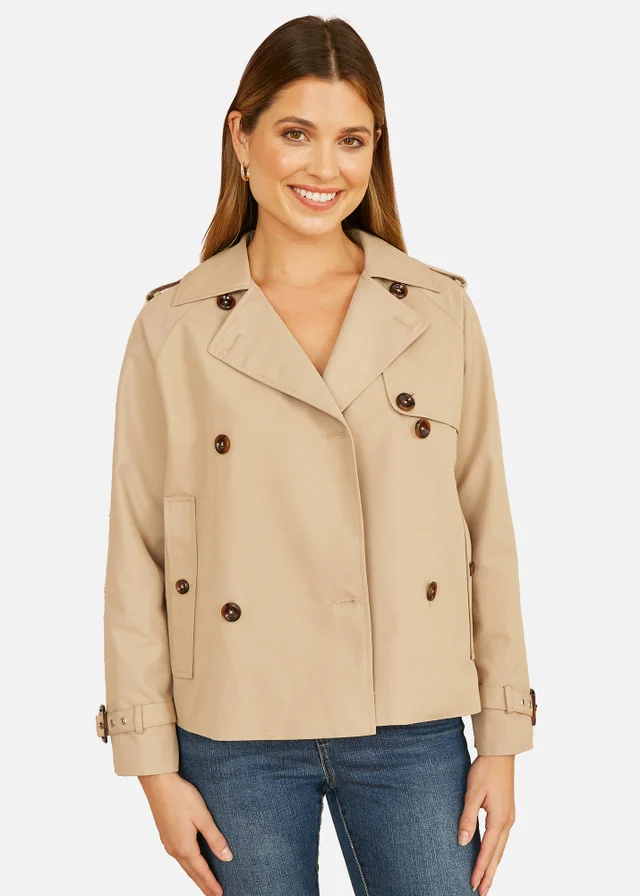 Yumi Beige Cropped Trench Jacket With Pockets & Check Lining