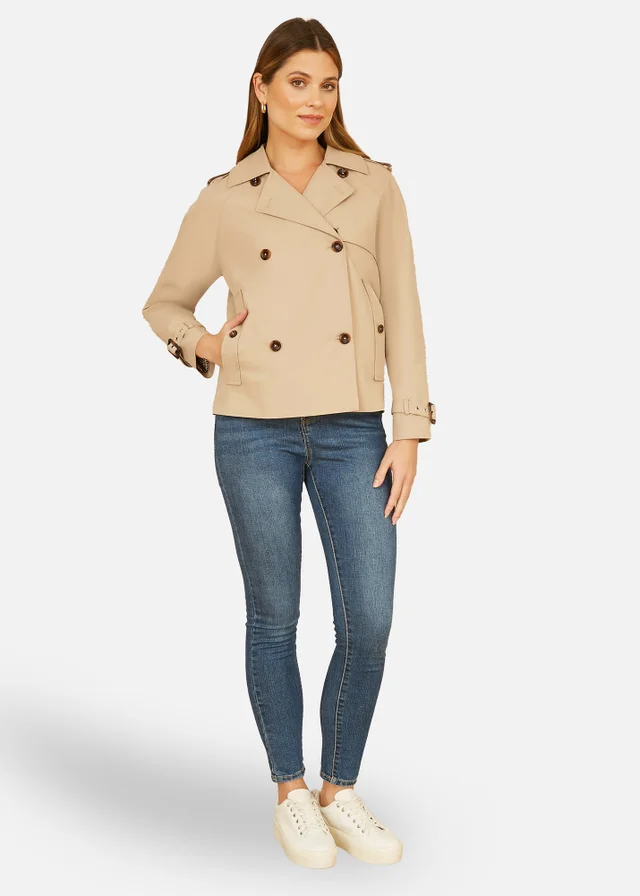 Yumi Beige Cropped Trench Jacket With Pockets & Check Lining