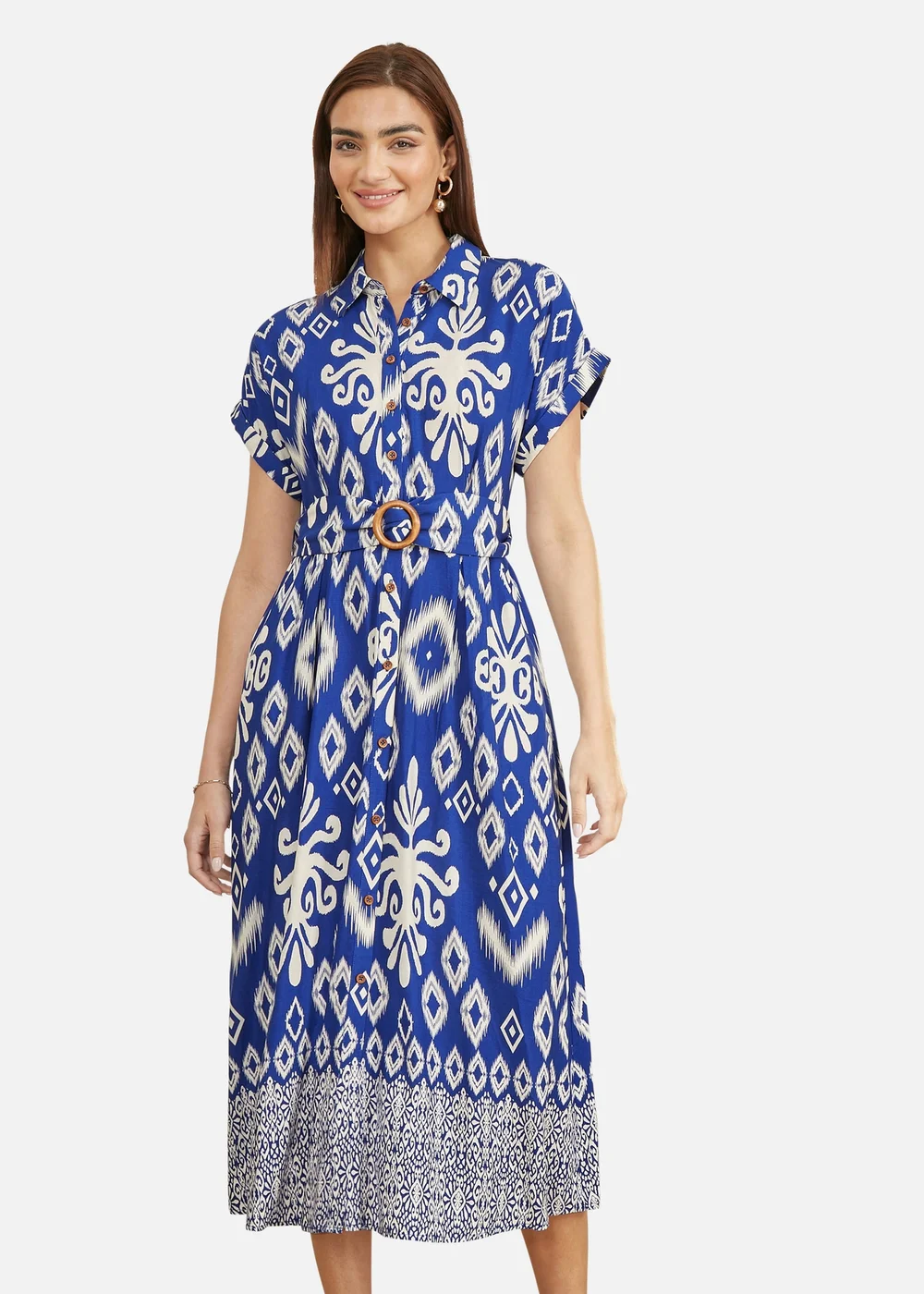 Yumi Blue Abstract Geo Print Relaxed Midi Shirt Dress With Belt - 20 Image 2
