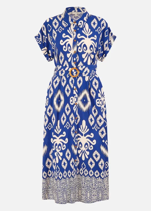 Yumi Blue Abstract Geo Print Relaxed Midi Shirt Dress With Belt - 20 Image 3
