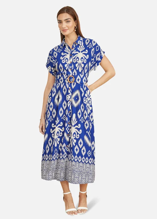 Yumi Blue Abstract Geo Print Relaxed Midi Shirt Dress With Belt - 20 Image 1