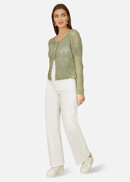 Yumi Green Flower Crochet Button Up Cardigan - M Image 1
