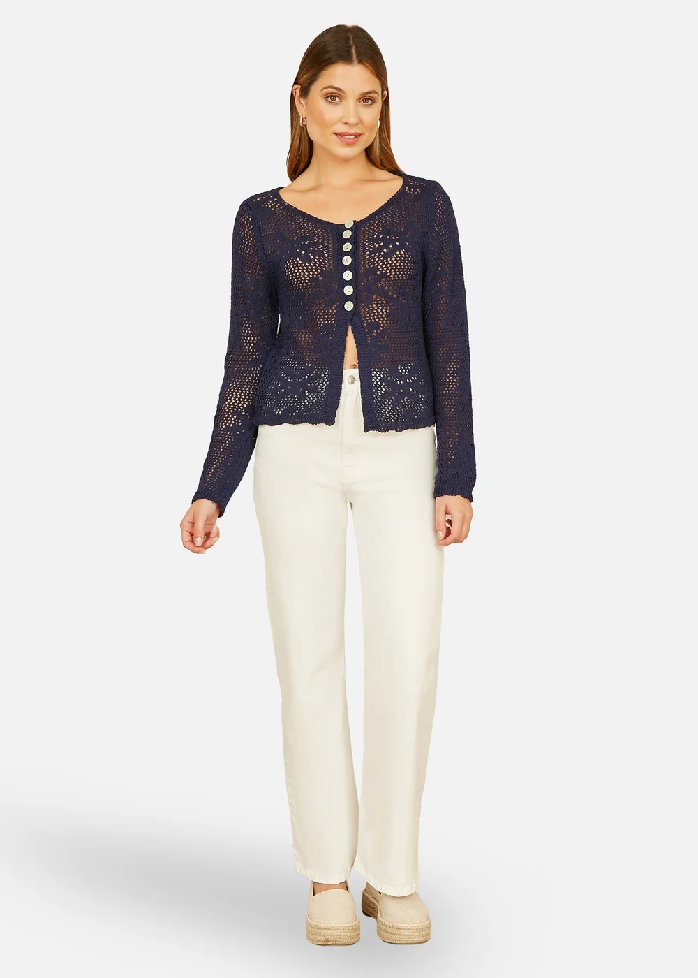 Yumi Navy Flower Crochet Button Up Cardigan - S Image 2