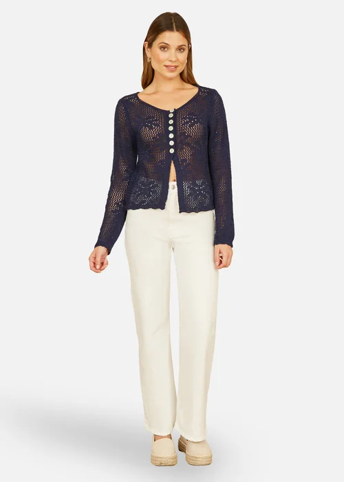 Yumi Navy Flower Crochet Button Up Cardigan - S Image 2