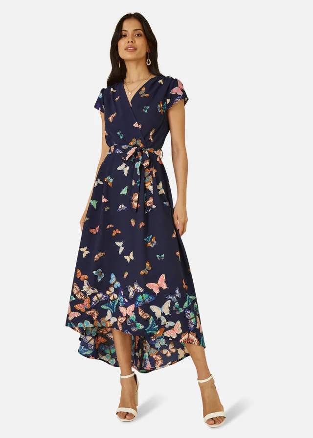 Yumi Navy Butterfly Print Dip Hem Midi Wrap Dress